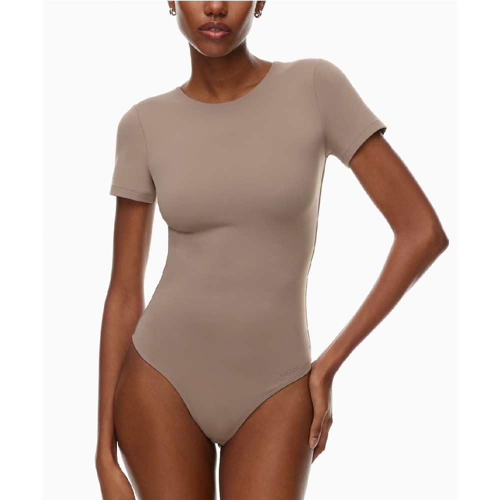 Babaton Contour Short Sleeve Bodysuit Taupe Tan Crew Neck Thong Large